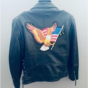 FMC Vintage Black Leather Motorcycle Jacket w/ American Eagle Patch 🇺🇸 🦅